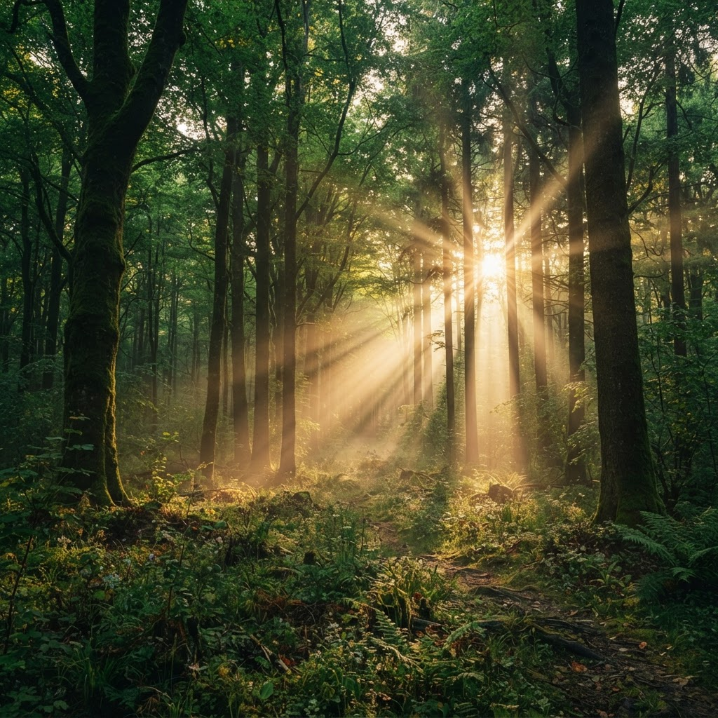 Lumière dorée traversant une forêt verdoyante