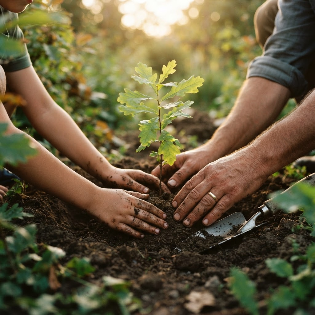 Mains plantant ensemble un jeune arbre